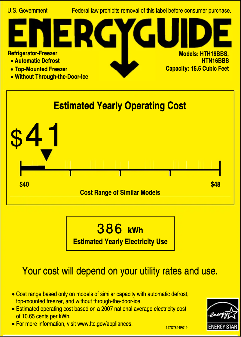 Page 1 de la notice Label énergétique Hotpoint HTH16BBSLWW