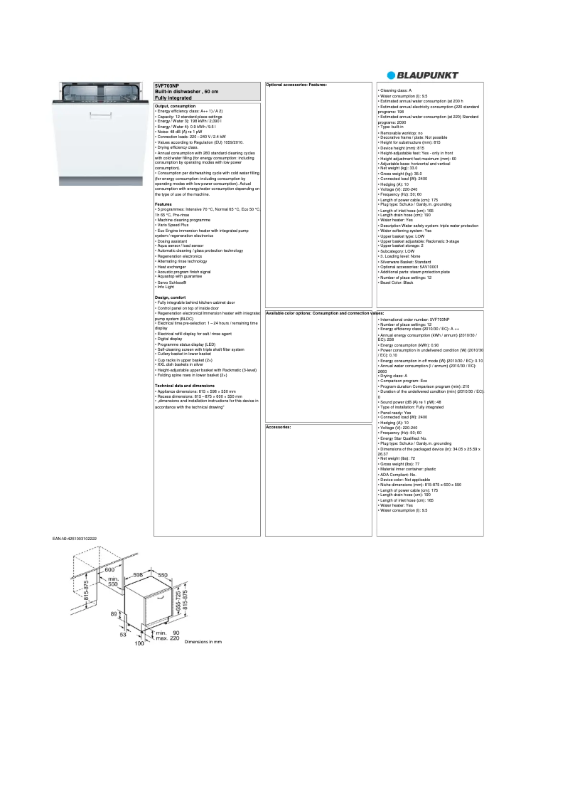 Página 1 del manual Ficha técnica Blaupunkt 5VF 703NP