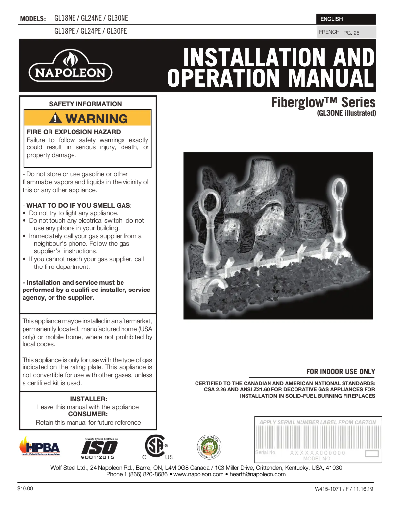 Page 1 de la notice Manuel utilisateur Napoleon Fiberglow 18