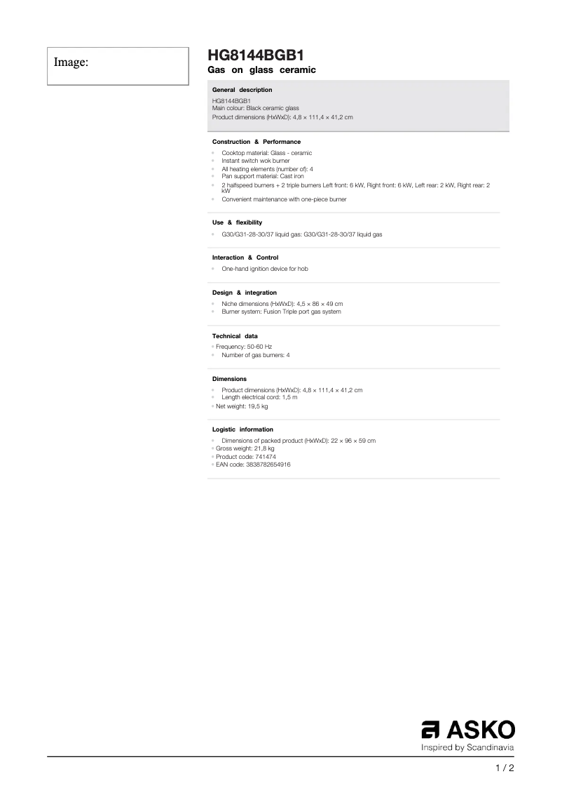 Page n°1 - Fiche technique Asko HG8144BGB1