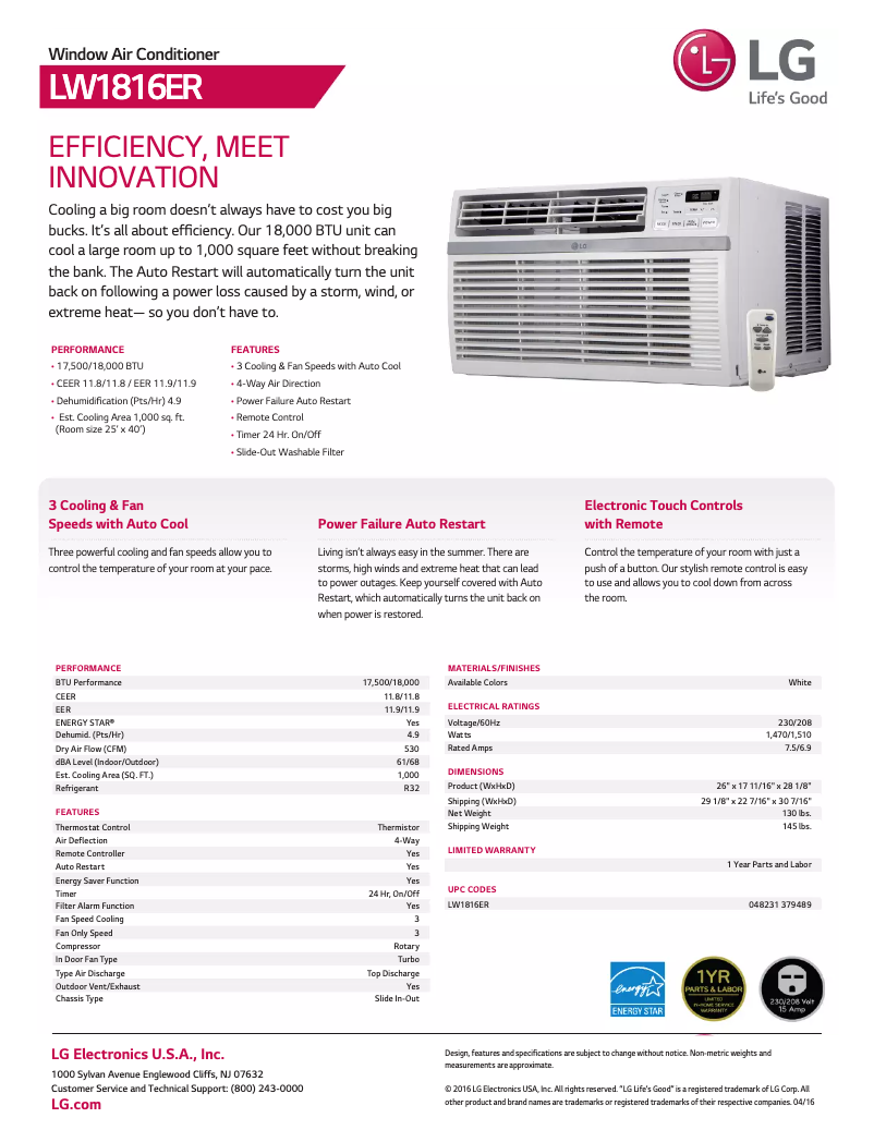Page 1 de la notice Fiche technique LG LW1816ER