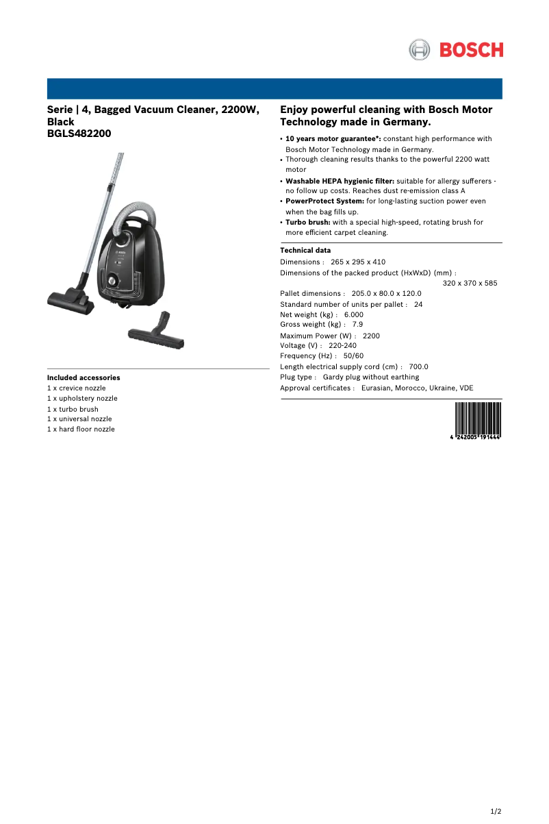 Page 1 de la notice Fiche technique Bosch BGLS482200