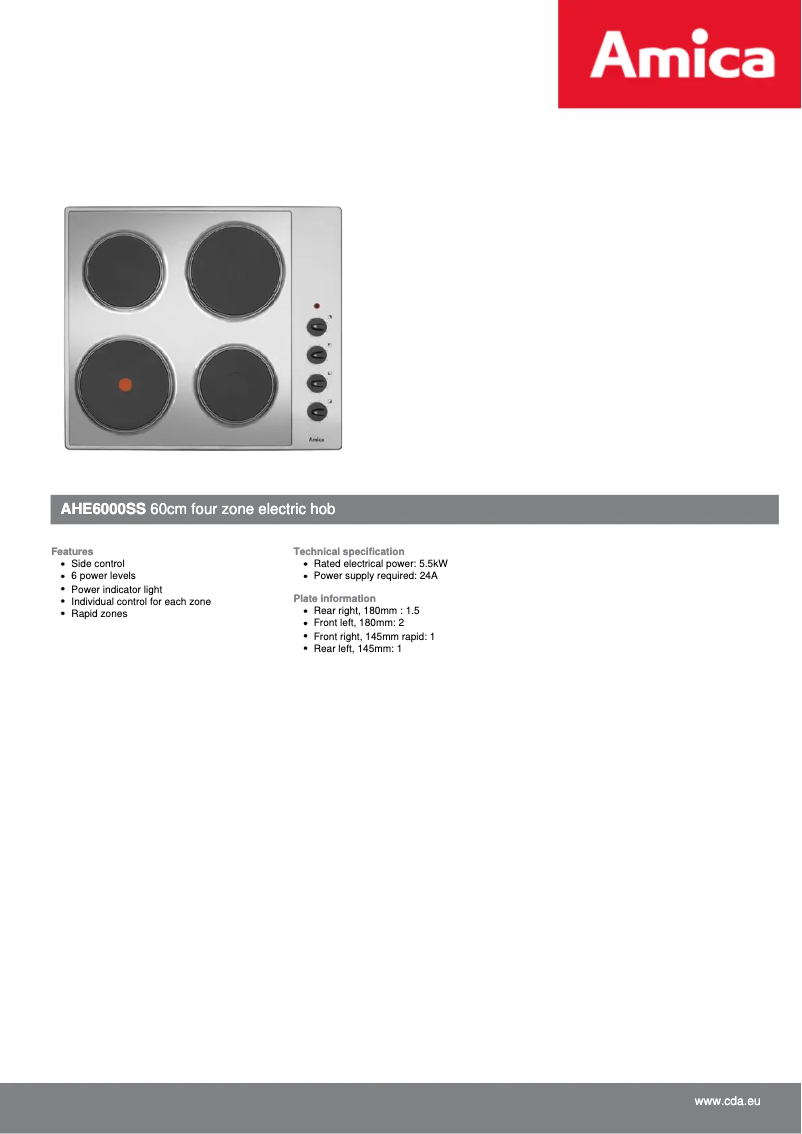 Page n°1 - Fiche technique Amica AHE6000SS