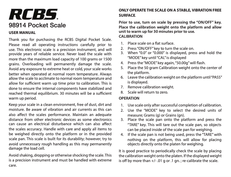 Page 1 de la notice Manuel utilisateur RCBS 98914