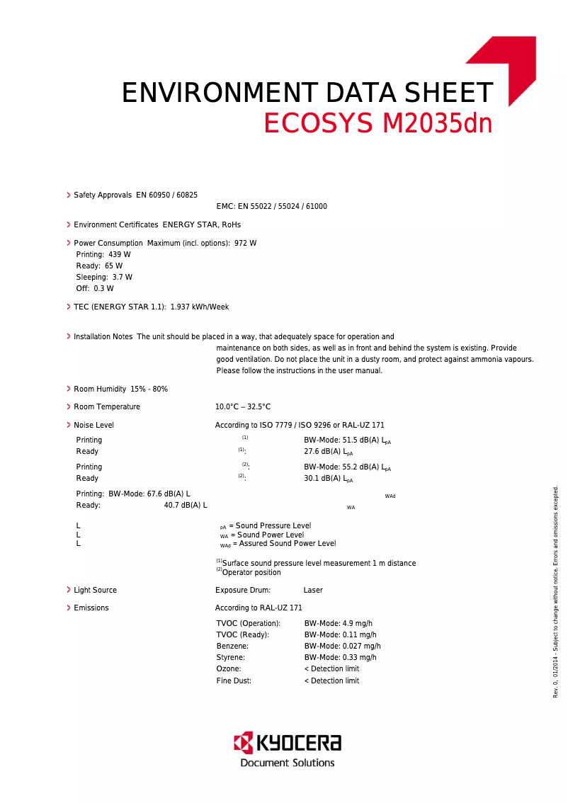 Page 1 de la notice Fiche technique Kyocera Ecosys M2035dn
