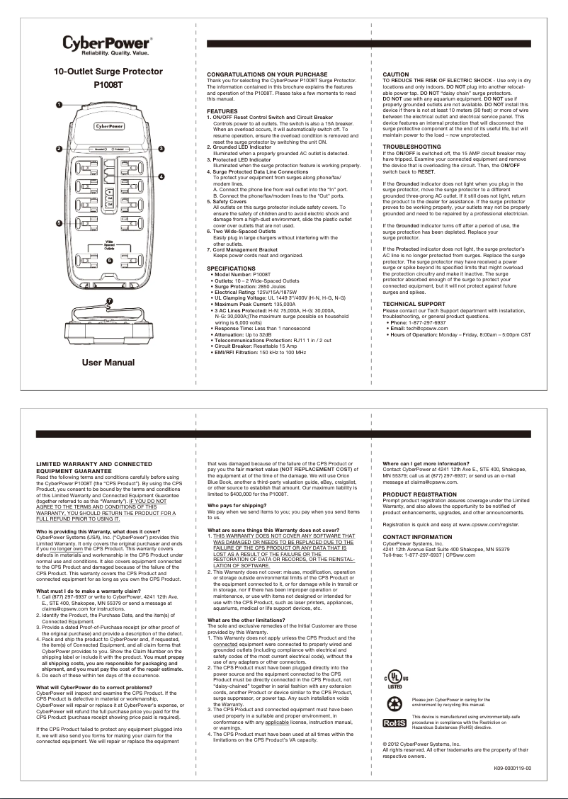 Page 1 de la notice Manuel utilisateur CyberPower P1008T