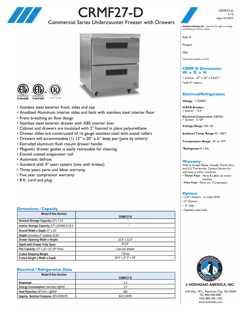 Page 1 of the manual Technical Sheet Hoshizaki Commercial CRMF27-D