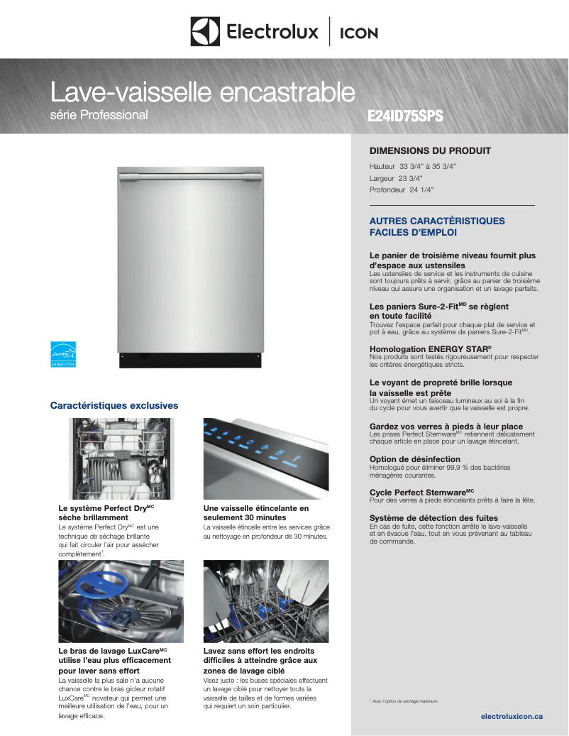 Page 1 de la notice Fiche technique Electrolux E24ID75SPS