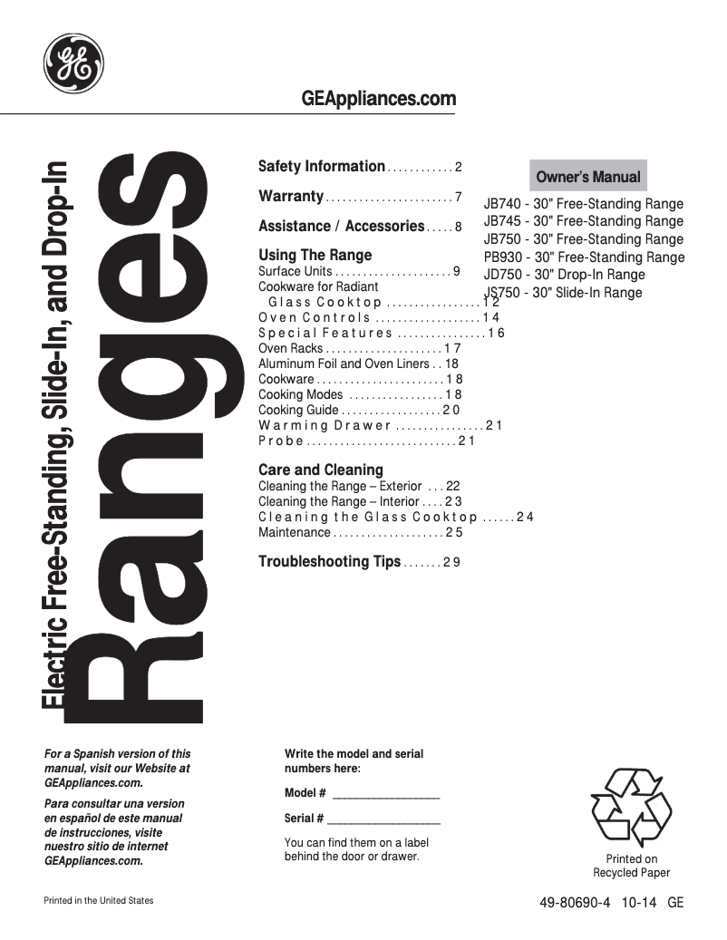 Page n°1 - Manuel d'utilisation et d'entretien GE JB750SFSS