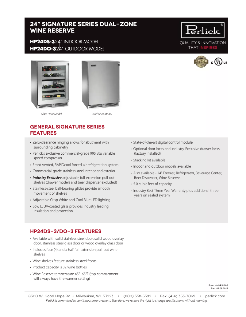 Página 1 del manual Ficha técnica Perlick HP24DS-3-4L