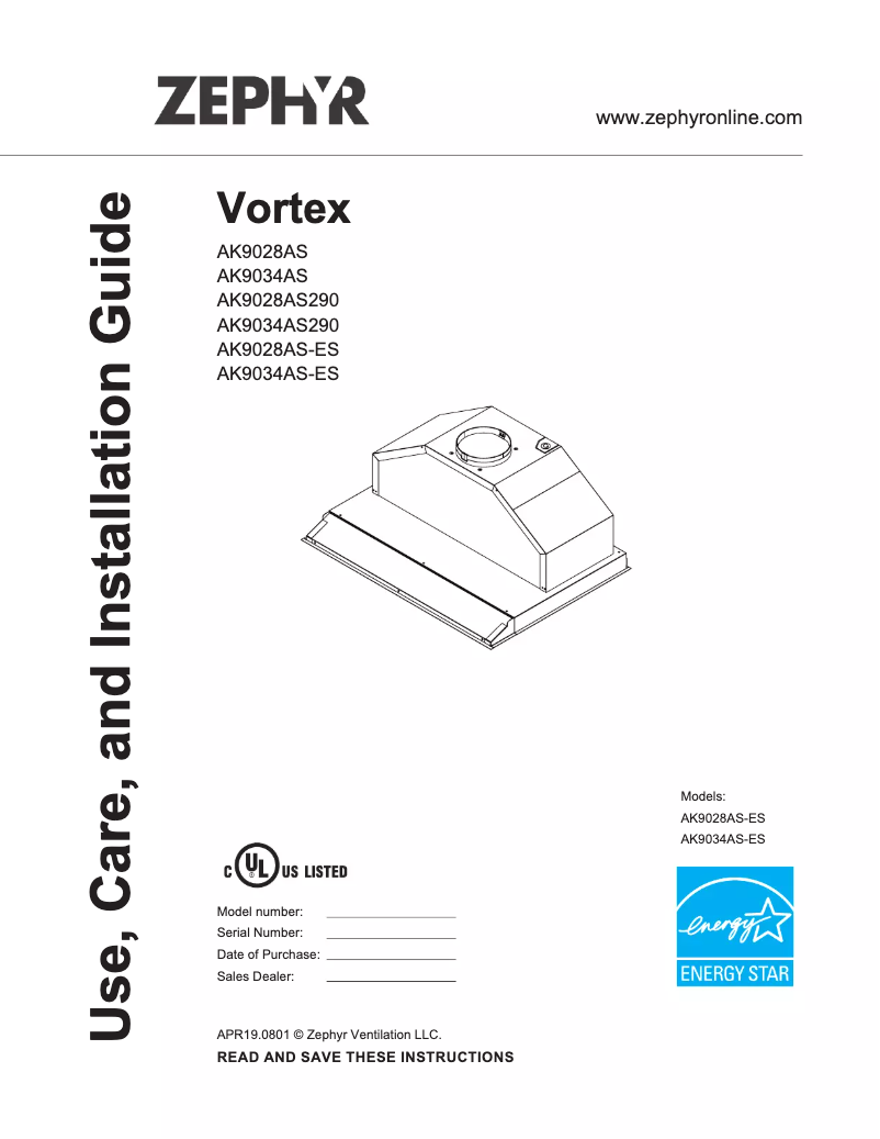 Page 1 de la notice Manuel utilisateur Zephyr Vortex AK9034AS290