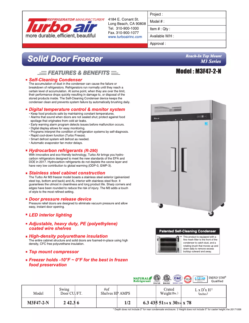 Page 1 de la notice Fiche technique Turbo air M3F47-2
