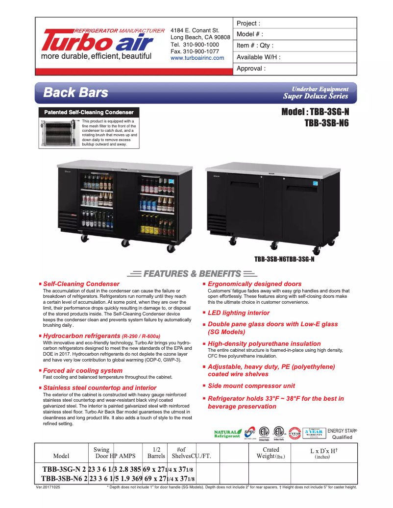 Page 1 de la notice Fiche technique Turbo air TBB-3SG