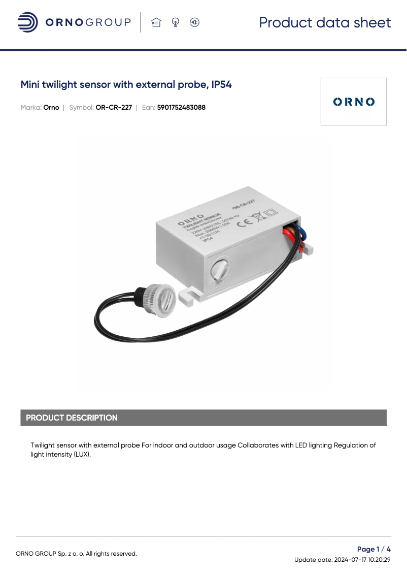 Page 1 de la notice Fiche technique ORNO OR-CR-227