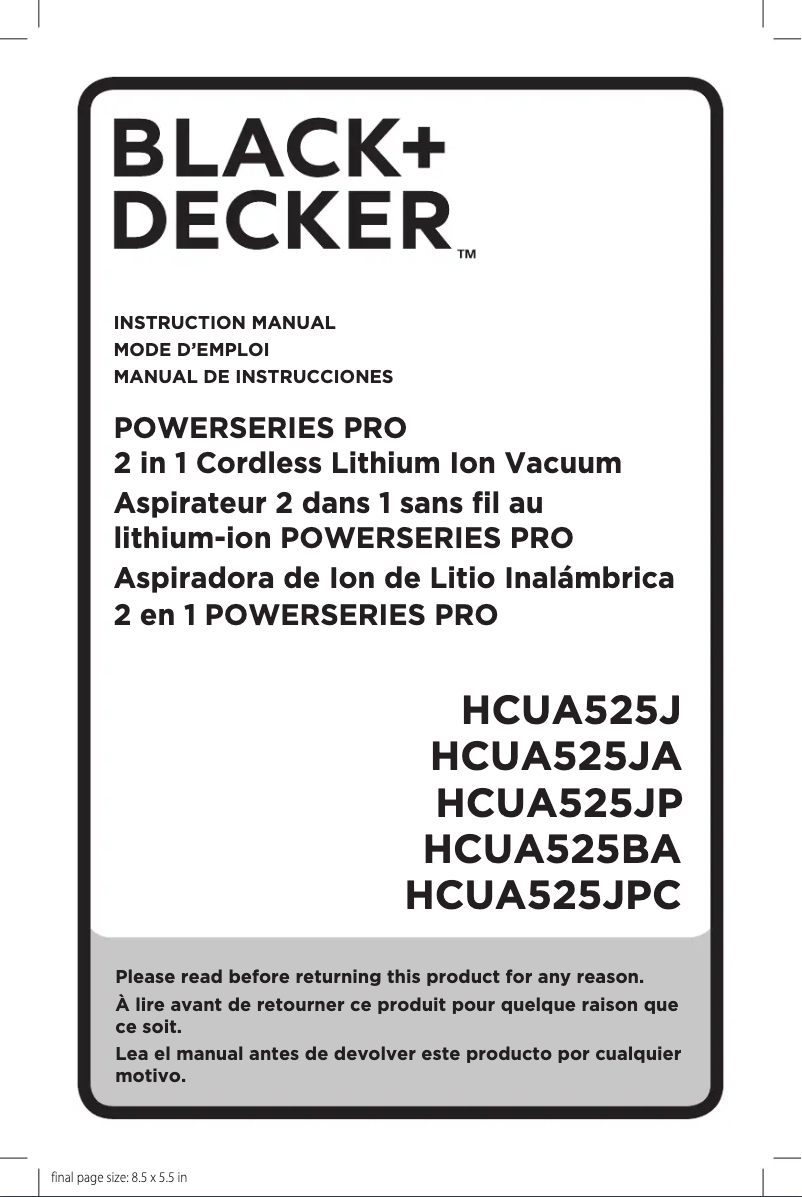 Page 1 de la notice Manuel utilisateur Black & Decker HCUA525JA