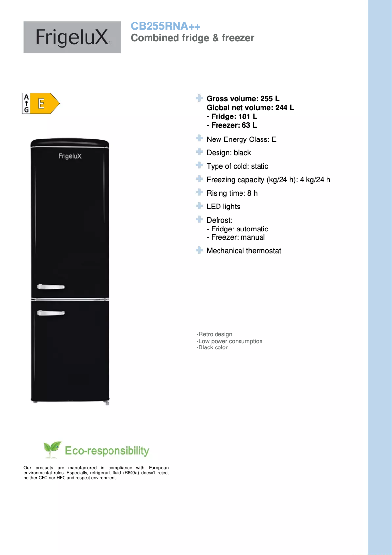 Page n°1 - Fiche technique FrigeluX CB255RNA++