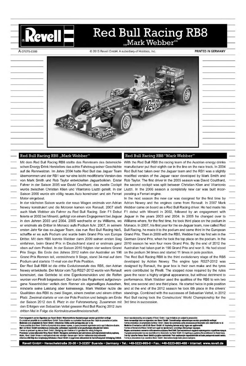 Page 1 de la notice Manuel utilisateur Revell Red Bull Racing RB8 Mark Webber