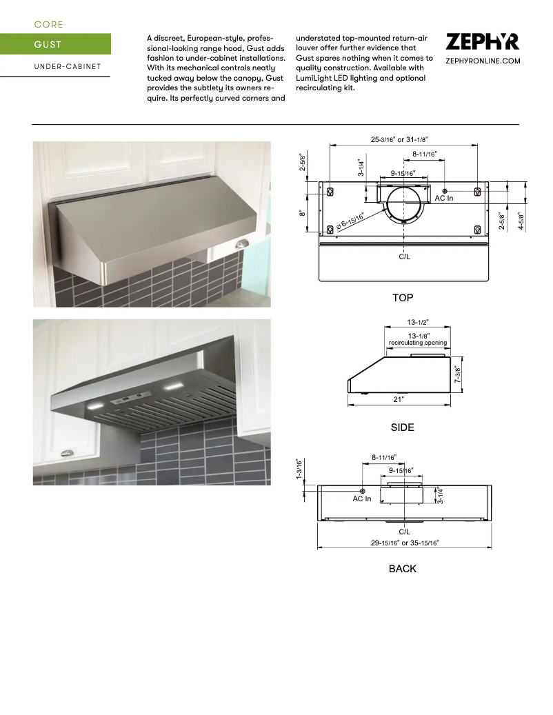 Page 1 de la notice Fiche technique Zephyr AK7100BS290-BF