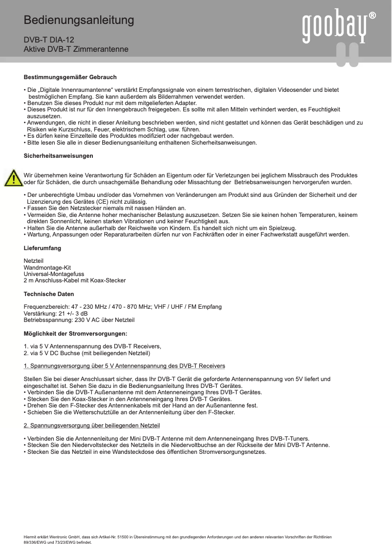 Page 1 de la notice Manuel utilisateur Wentronic DIA-12