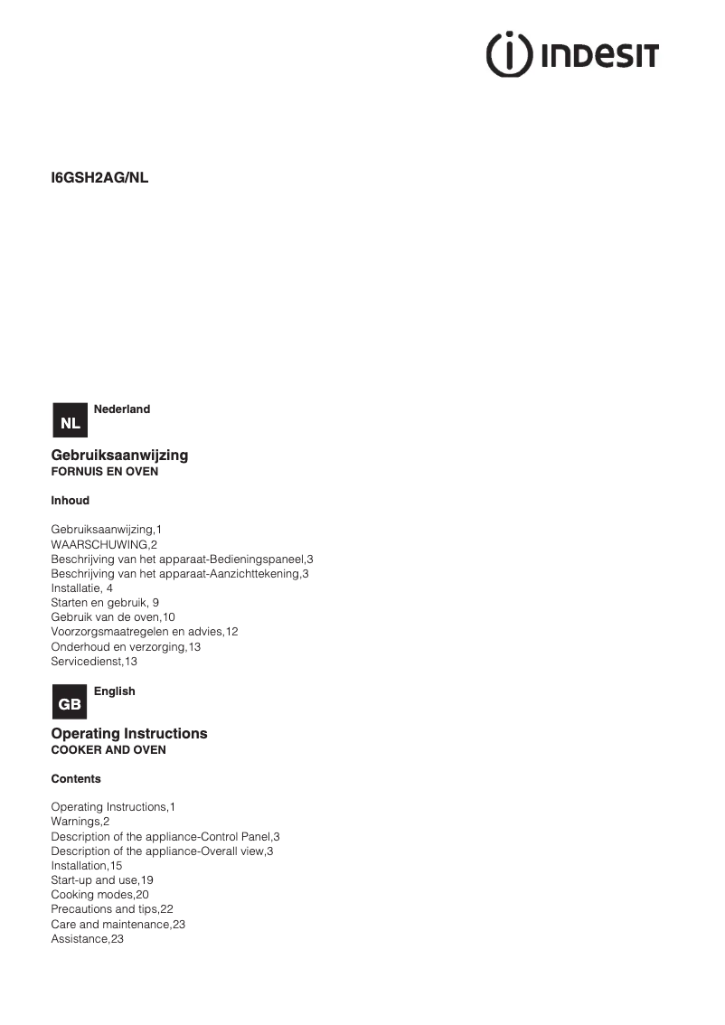 Page 1 de la notice Manuel utilisateur Indesit I6GSH2AG(X)/NL