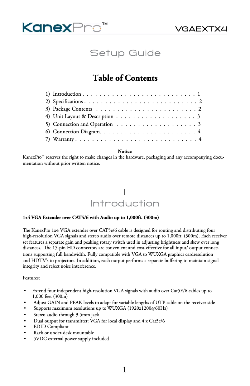 Page n°1 - Manuel utilisateur KanexPro VGAEXTX4