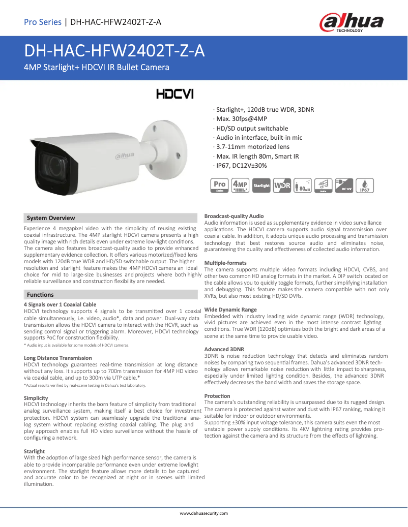 Page n°1 - Fiche technique Dahua Technology HAC-HFW2402T-Z-A