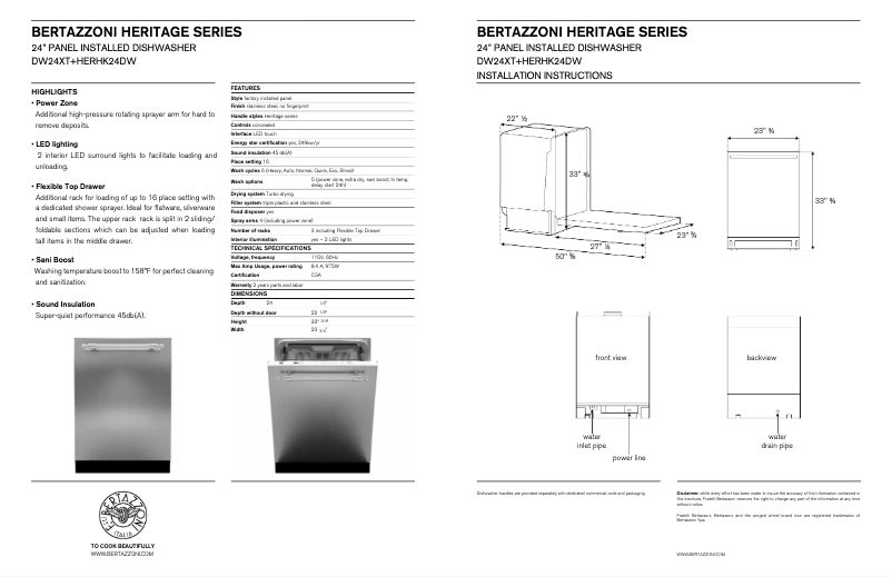 Page 1 de la notice Fiche technique Bertazzoni DW24T+HERHK24DW