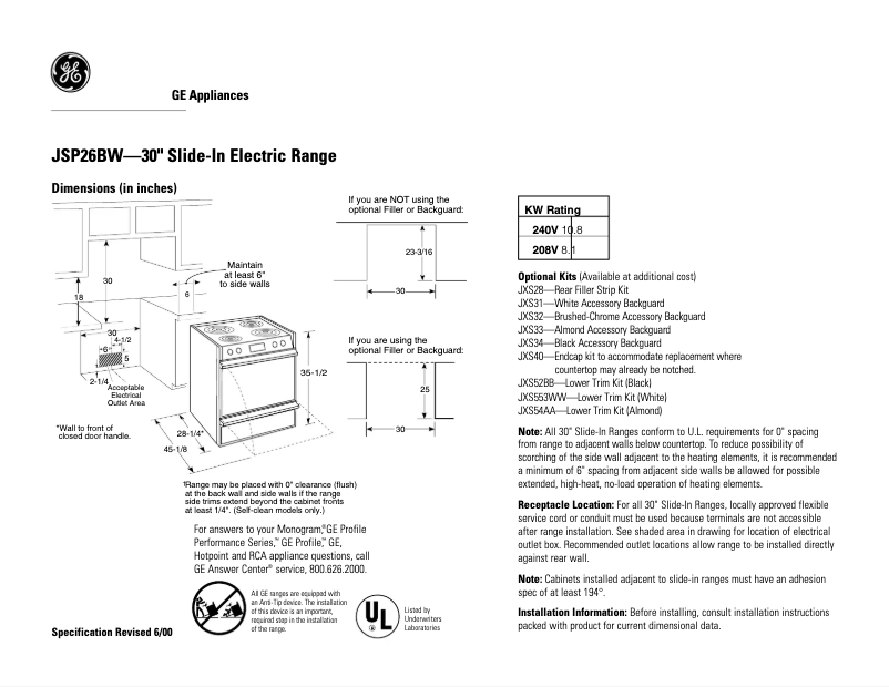 Page n°1 - Fiche technique GE JSP26BWAD