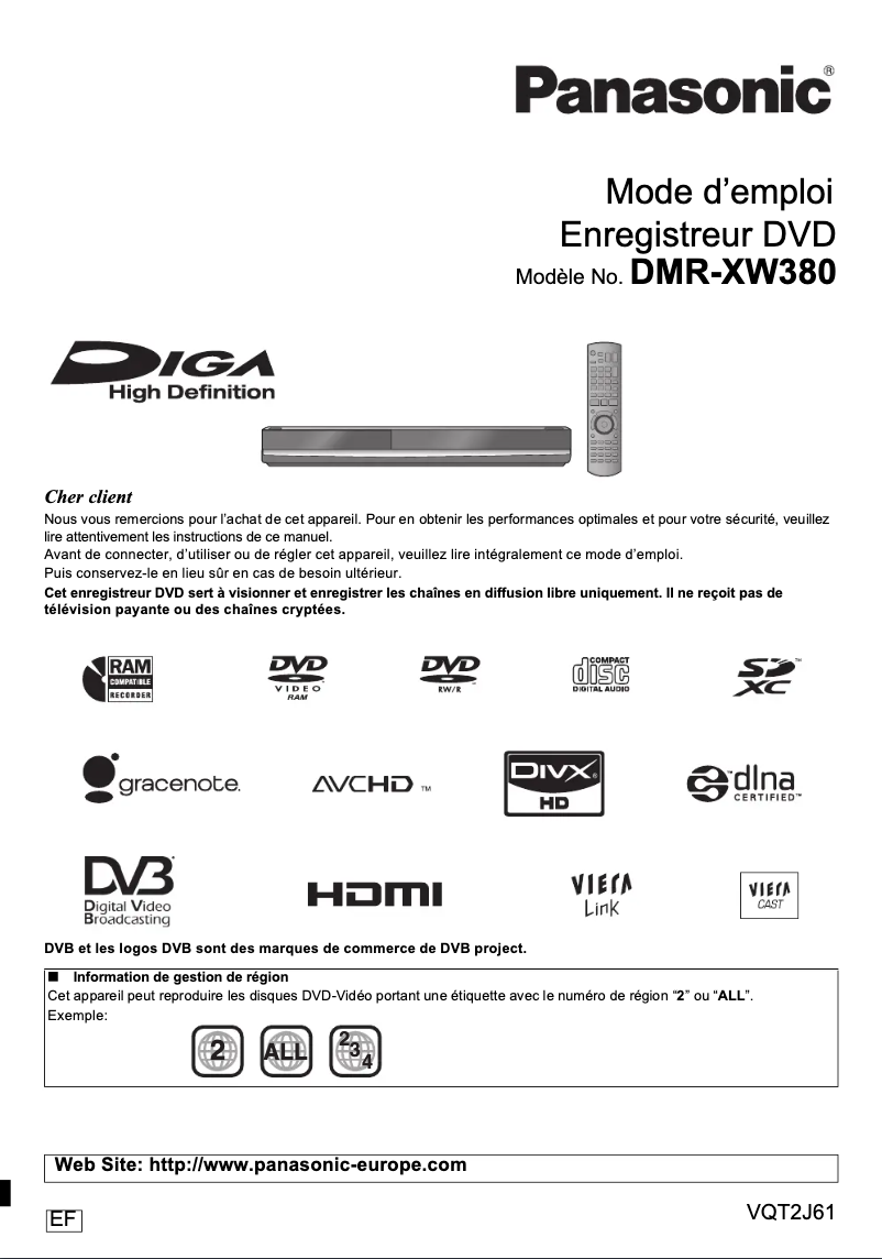 Image de la première page du manuel de l'appareil DMR-XW380