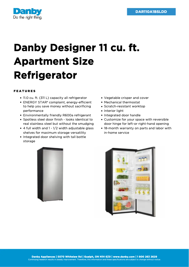 Page 1 de la notice Fiche technique Danby DAR110A1BSLDD