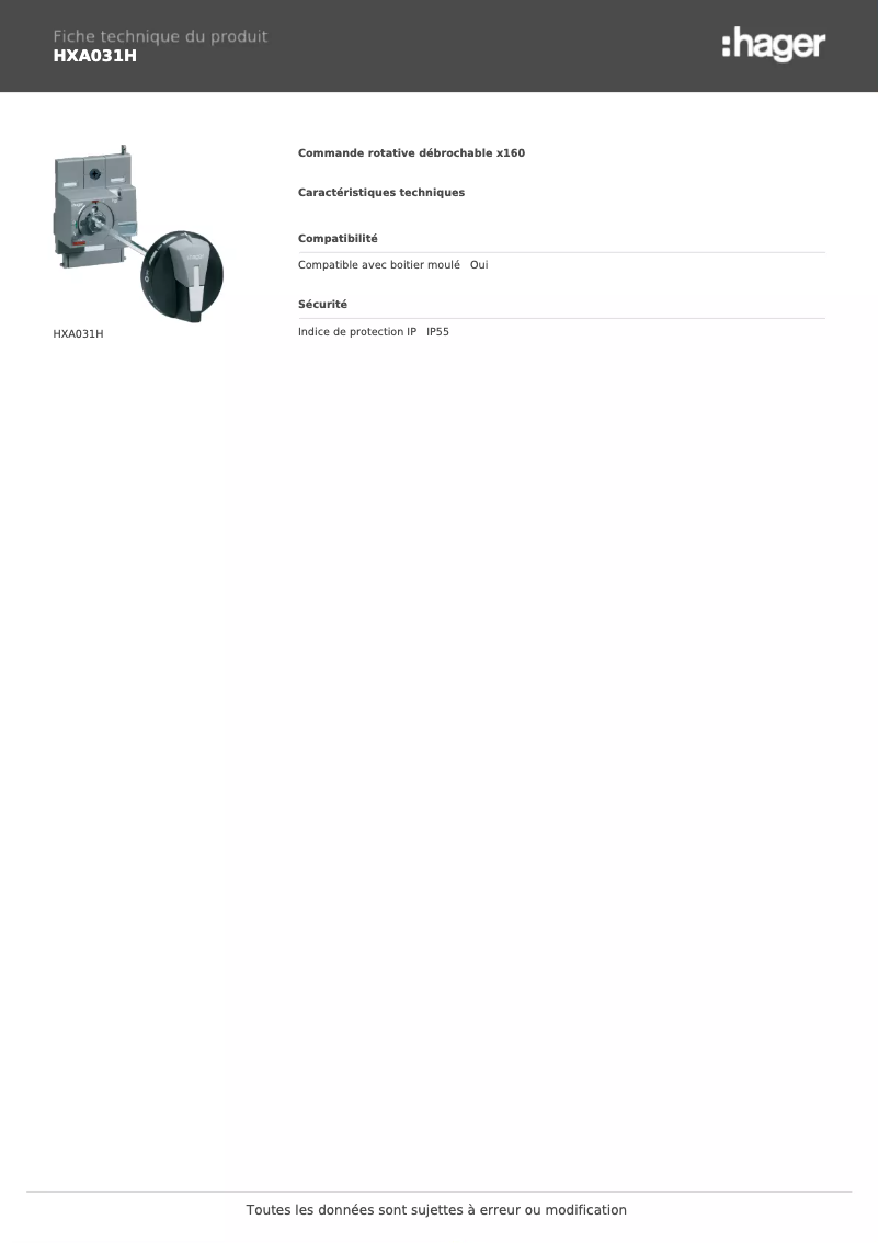 Page 1 de la notice Fiche technique Hager HXA031H