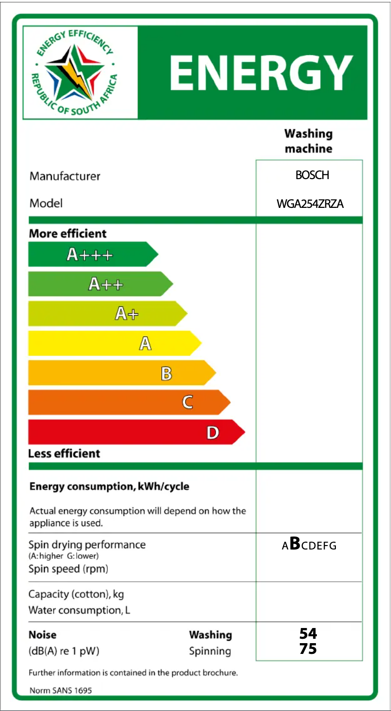 Page n°1 - Label énergétique Bosch WGA254ZRZA