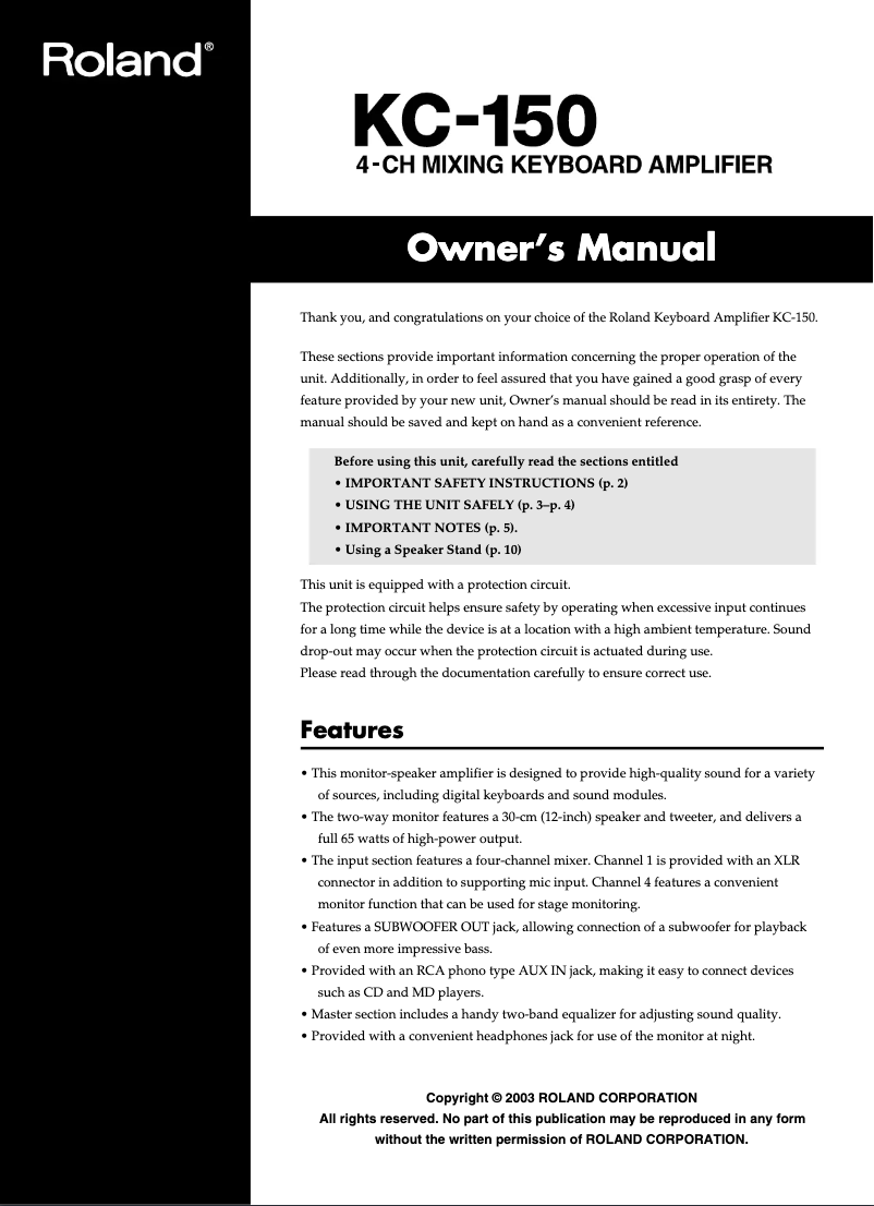 Page 1 de la notice Manuel utilisateur Roland KC-150