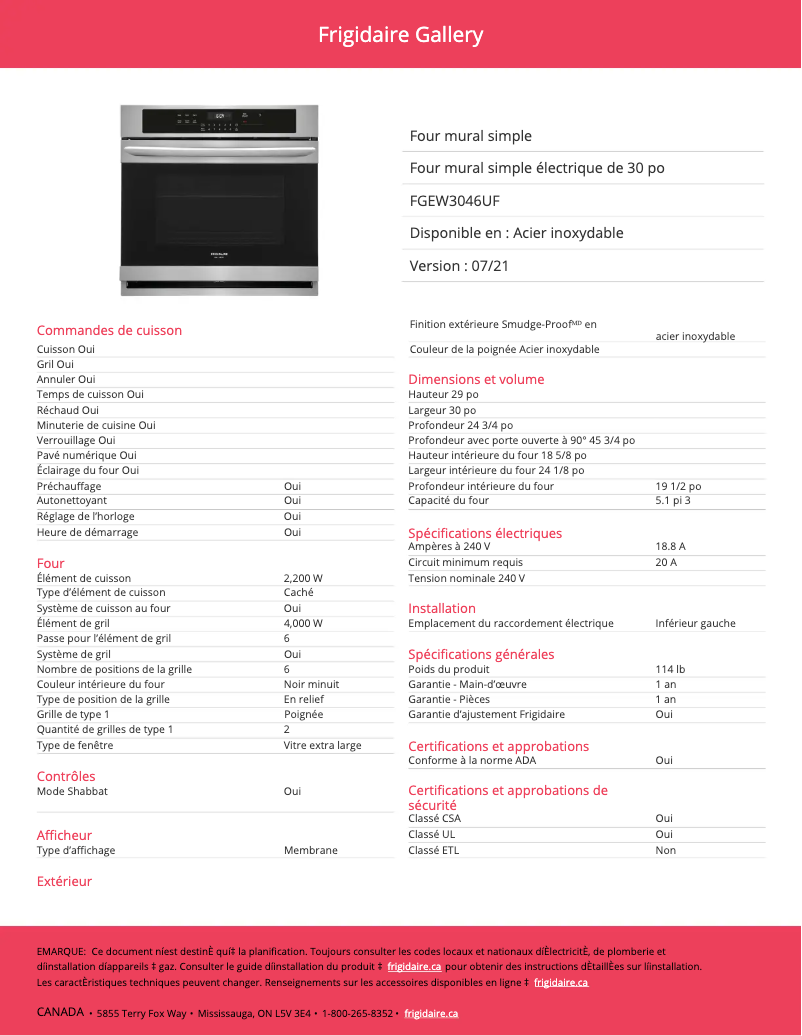 Page n°1 - Fiche technique Frigidaire FGEW3046UF