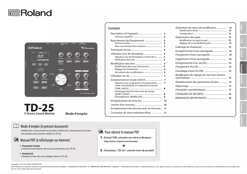 Page 1 de la notice Manuel utilisateur Roland TD-25KV