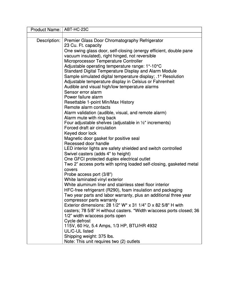 Page 1 de la notice Fiche technique American BioTech Supply ABT-HC-23C