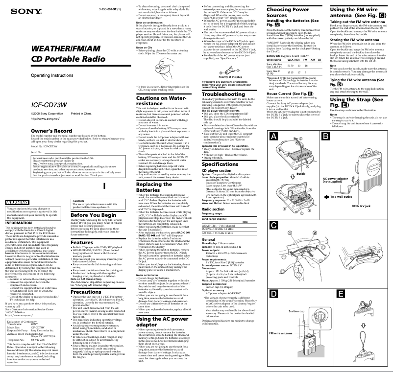 Page n°1 - Manuel utilisateur Sony ICF-CD73W