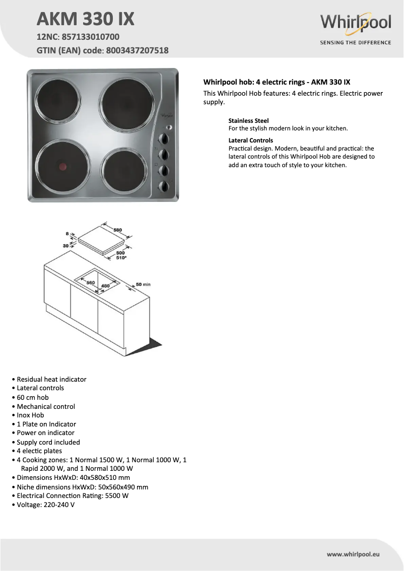 Page 1 de la notice Fiche technique Whirlpool AKM 330 IX