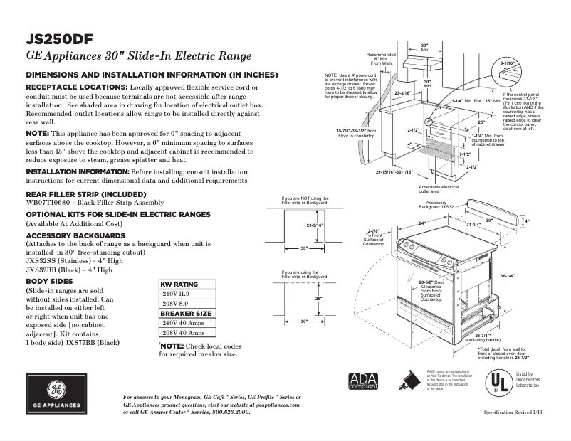 Page n°1 - Fiche technique GE JS250DFWW