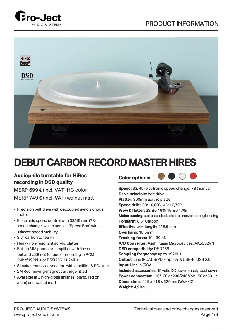 Página 1 del manual Ficha técnica Pro-Ject Debut Carbon RecordMaster HiRes