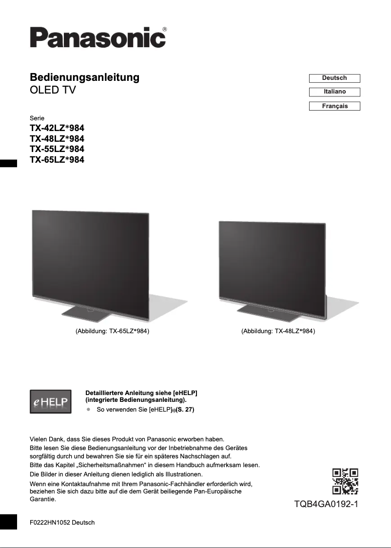 Page 1 of the manual Quick Start Guide Panasonic TX-42LZW984