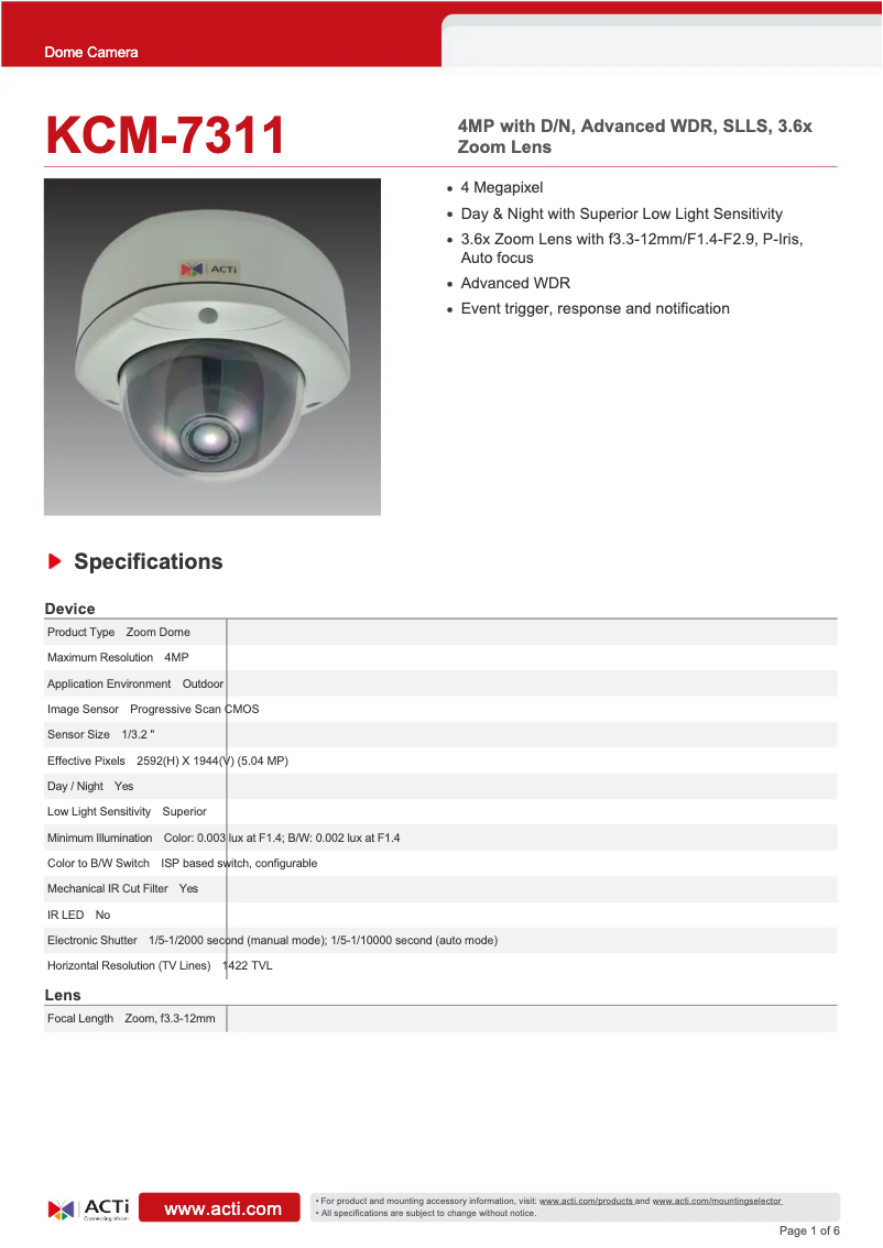 Page 1 de la notice Fiche technique ACTi KCM-7311