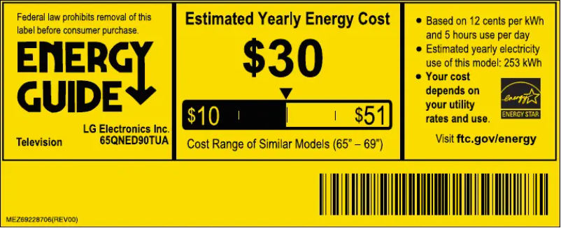 Page 1 de la notice Label énergétique LG 65QNED90TUA
