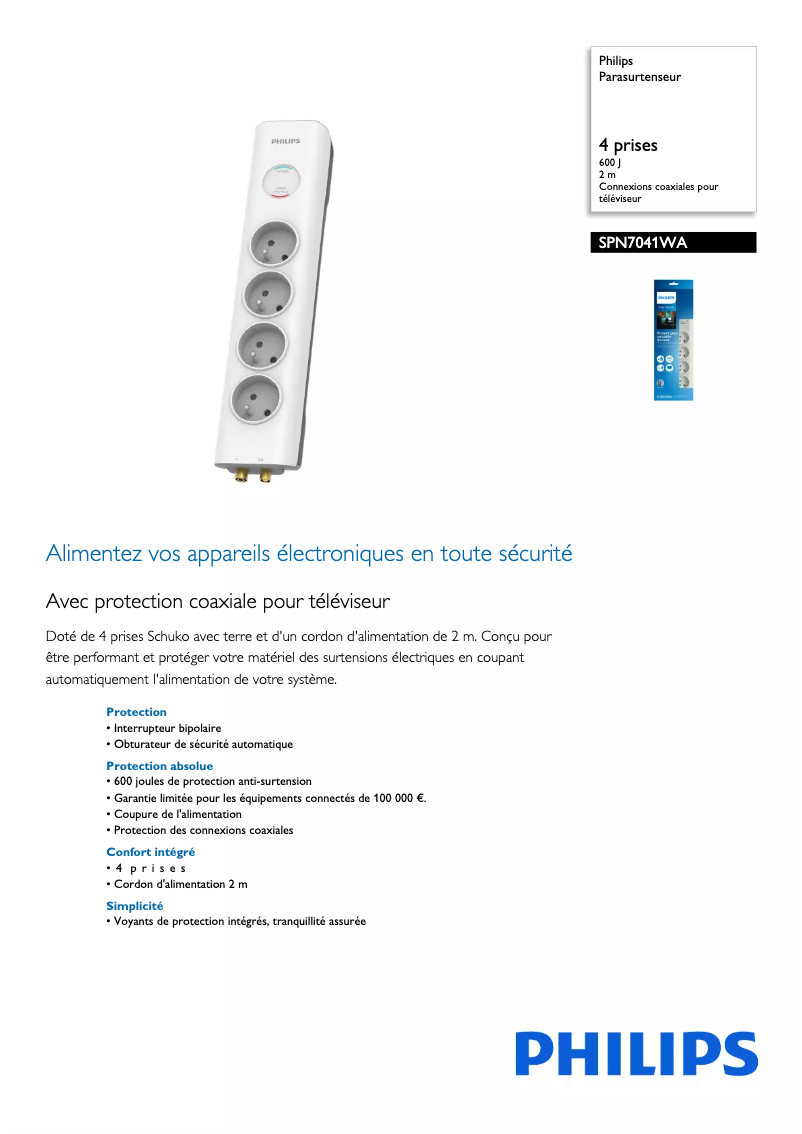 Page 1 de la notice Fiche technique Philips SPN7041WA