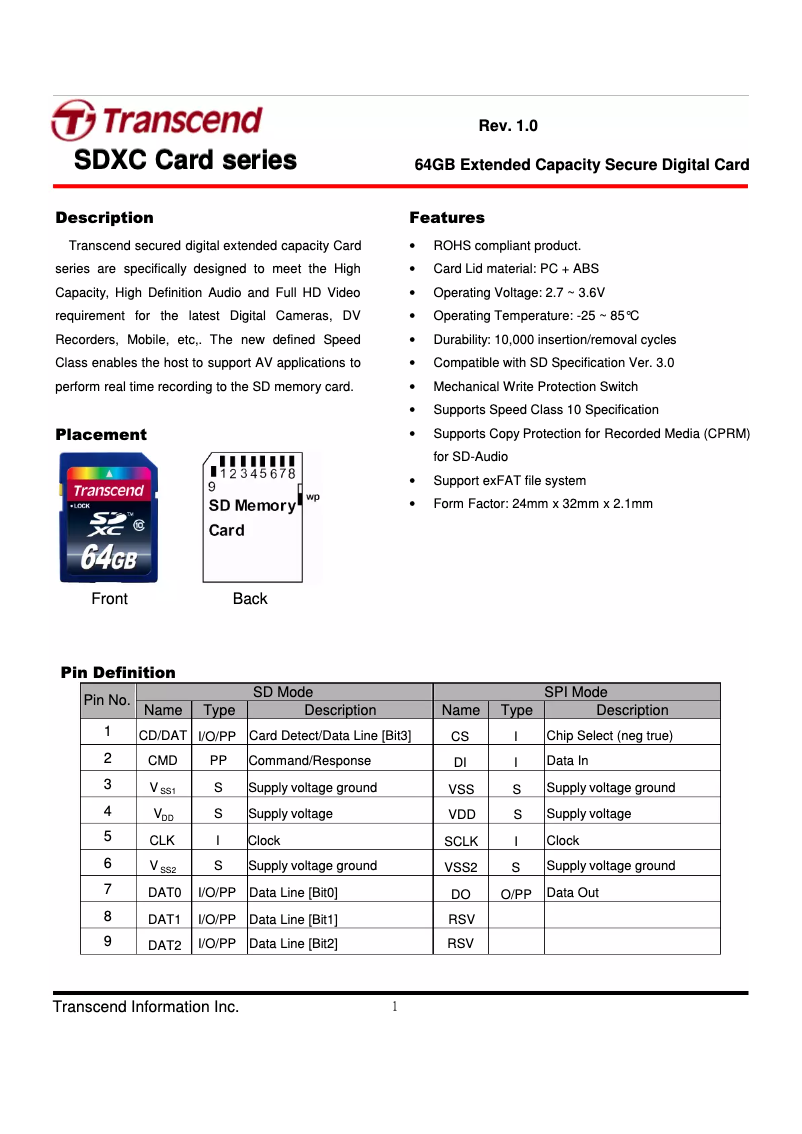 Page 1 de la notice Manuel utilisateur Transcend SDXC