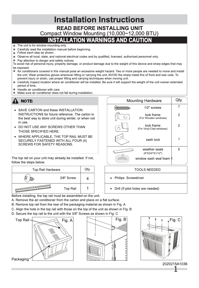 Page n°1 - Guide d'installation Frigidaire FFRA1022Q1