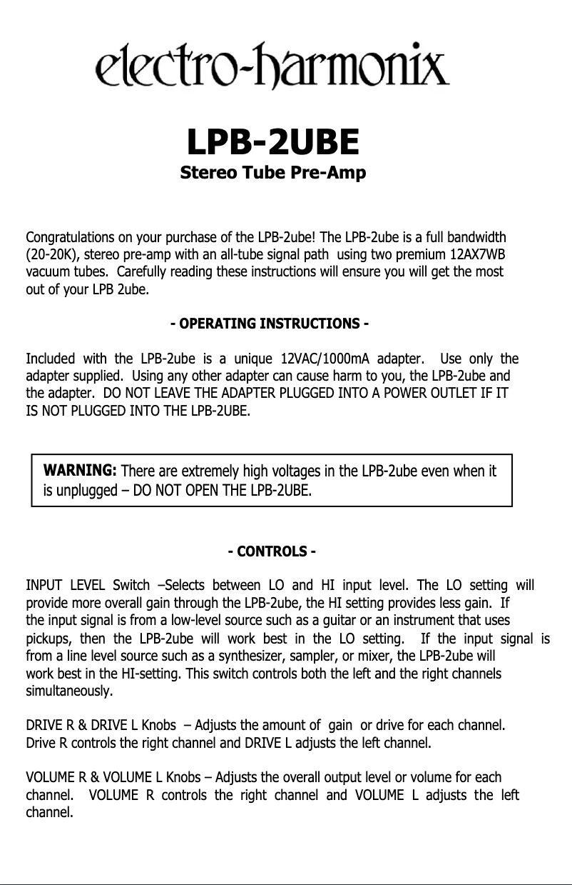 Page 1 de la notice Manuel utilisateur Electro Harmonix LPB-2ube