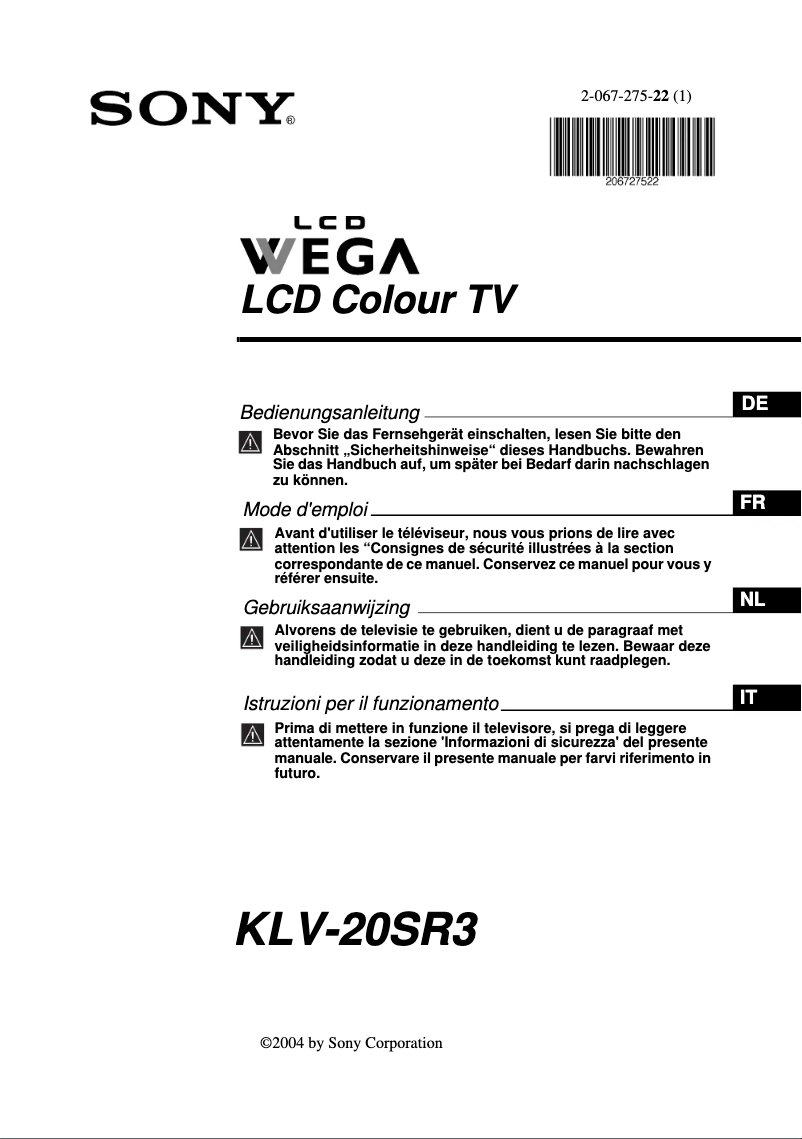 Page 1 de la notice Manuel utilisateur Sony Wega KLV-20SR3