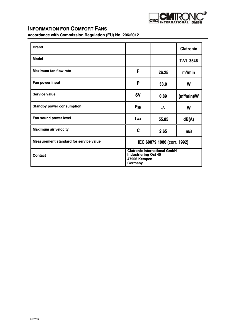 Página 1 del manual Ficha técnica Clatronic T-VL 3546