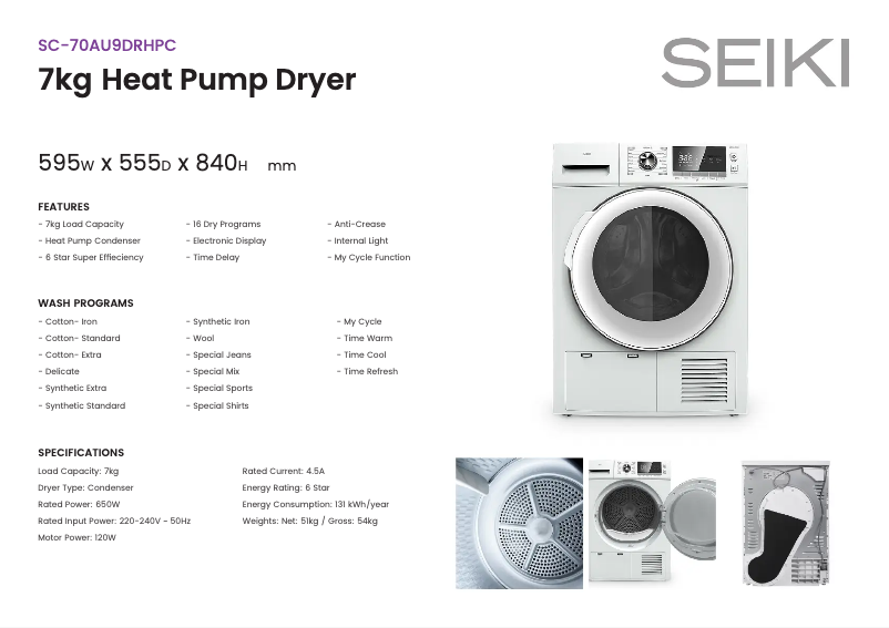 Page 1 de la notice Fiche technique Seiki SC-70AU9DRHPC